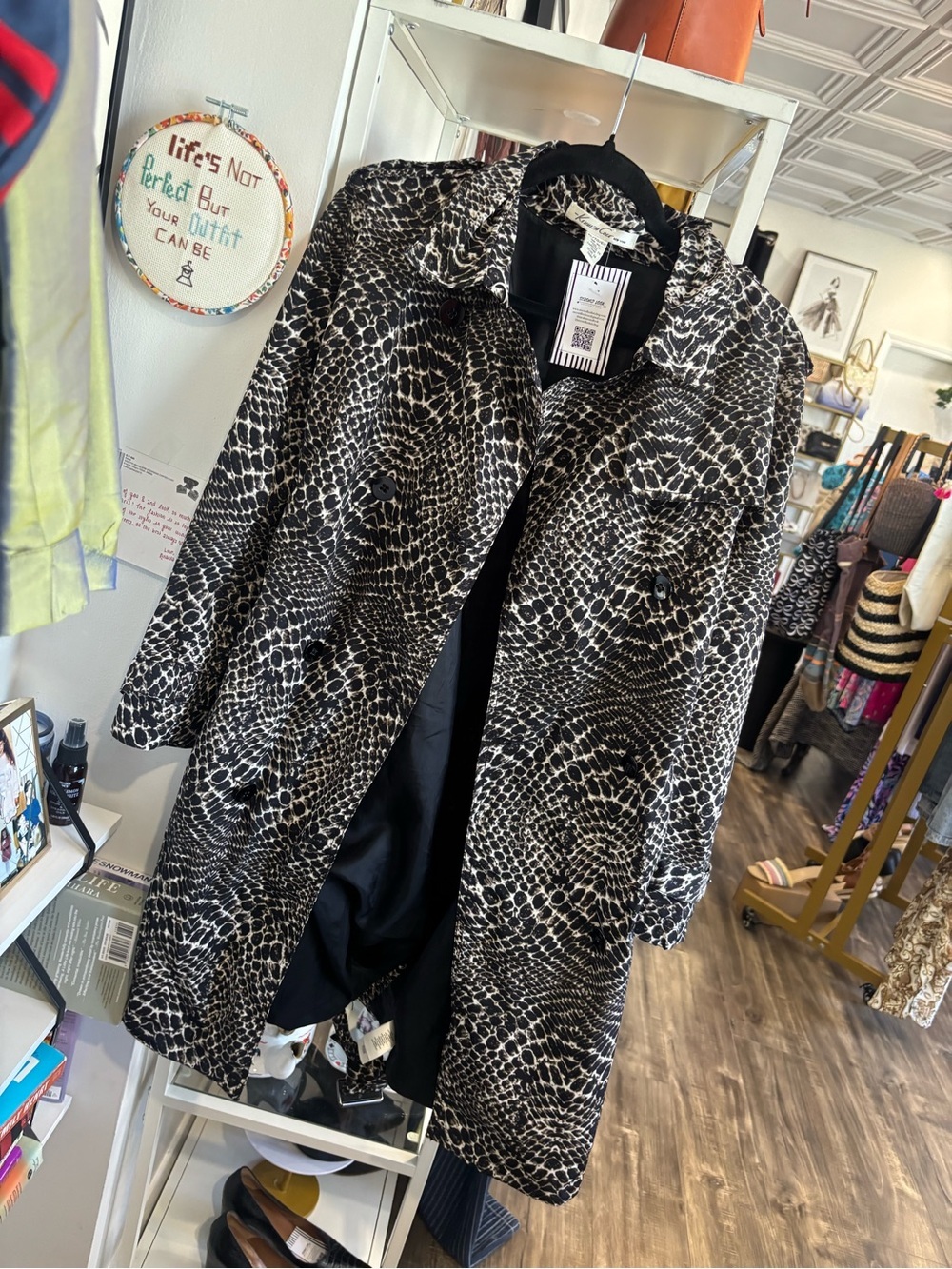 Kenneth Cole Black & White Snake-Print Trench Coat
